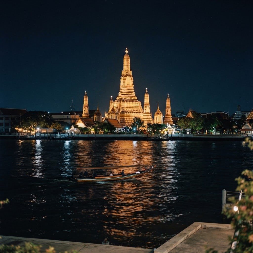 Wat Arun glowing across the Chao Phraya river at night