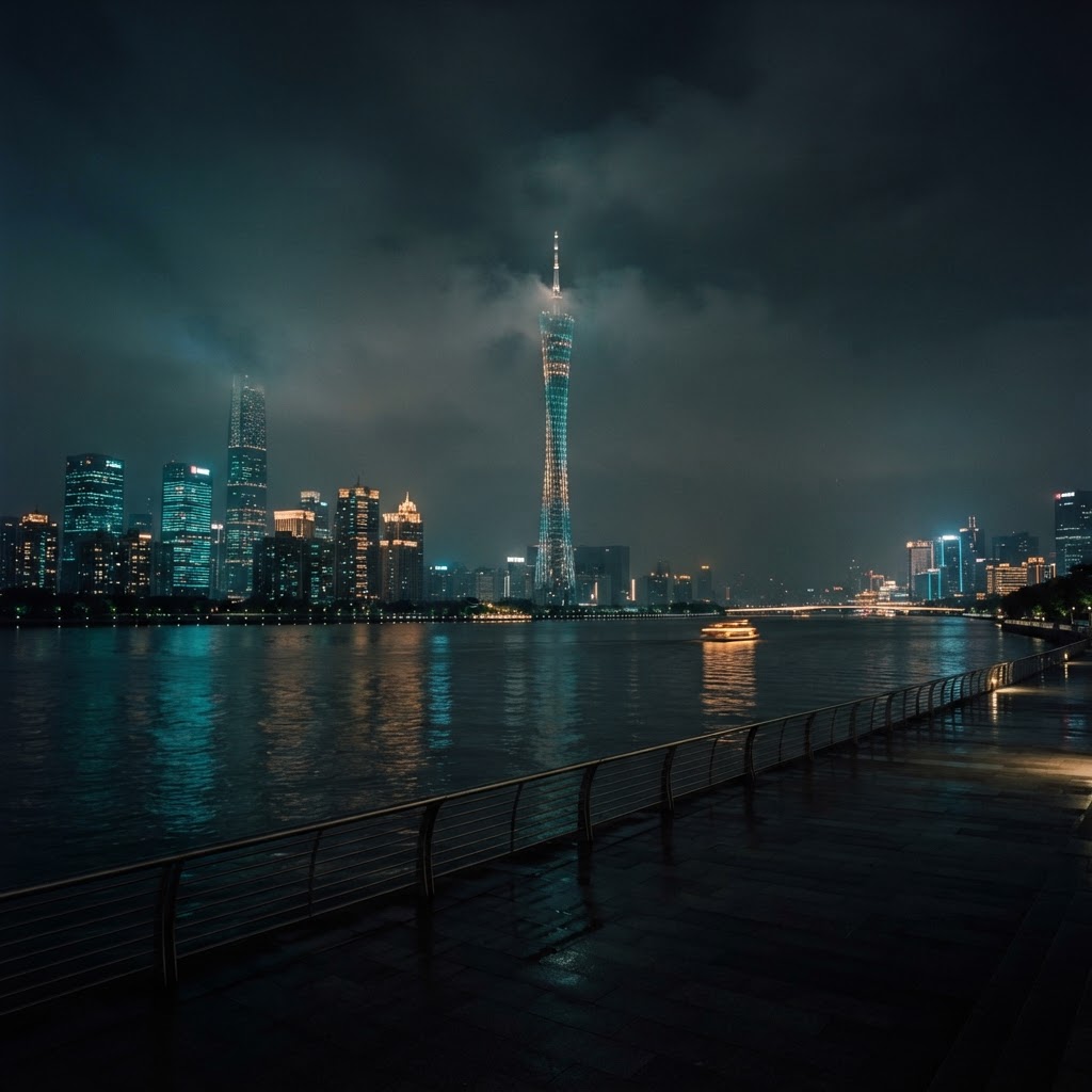 Canton Tower over the Pearl River at night