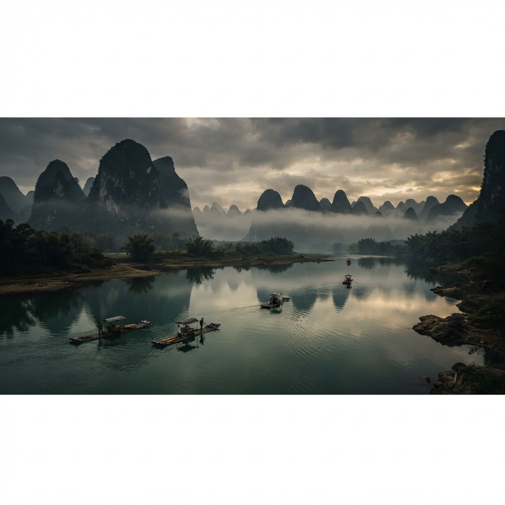 Bamboo rafts on the Li River between karst peaks at dawn